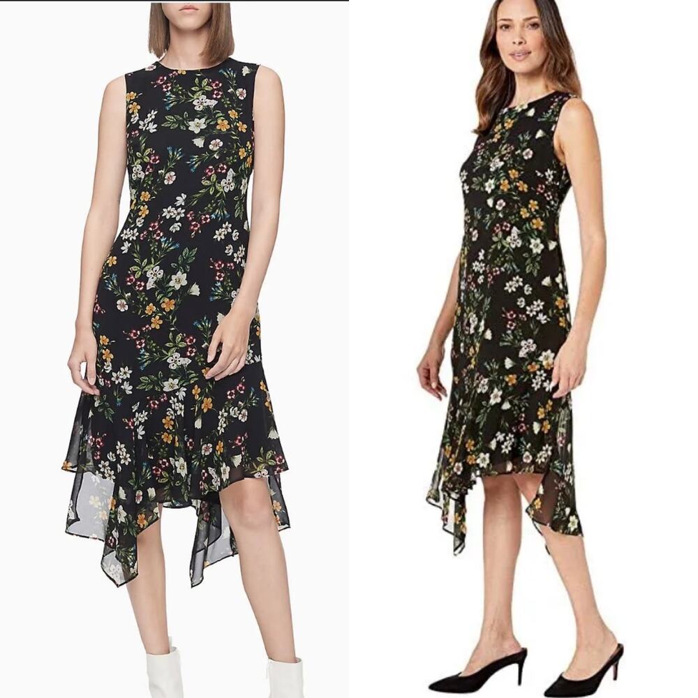 Calvin Klein Black Floral Asymmetrical Hem Dress